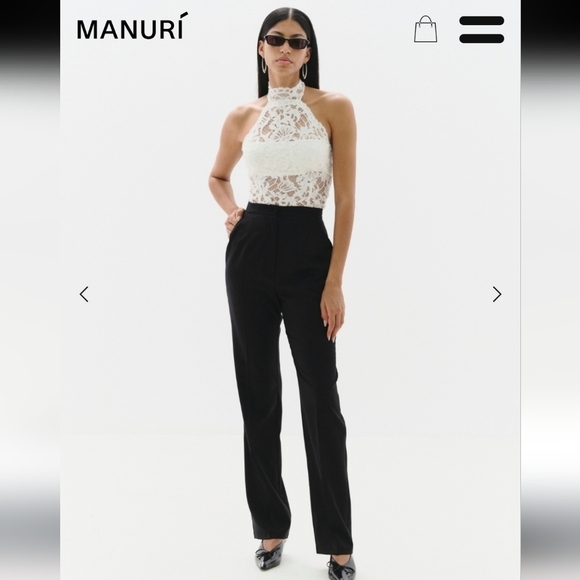 Tops - Women's Elegant White & Black Lace Halter One Piece Flare Pant Jump Suit - Small